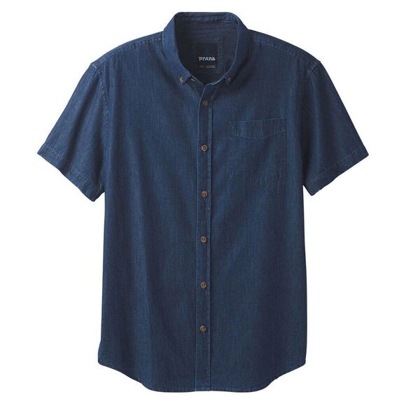 Prana Mens Indigo Broderick Solid Short Sleeve Button Down Large - Picture 1 of 8